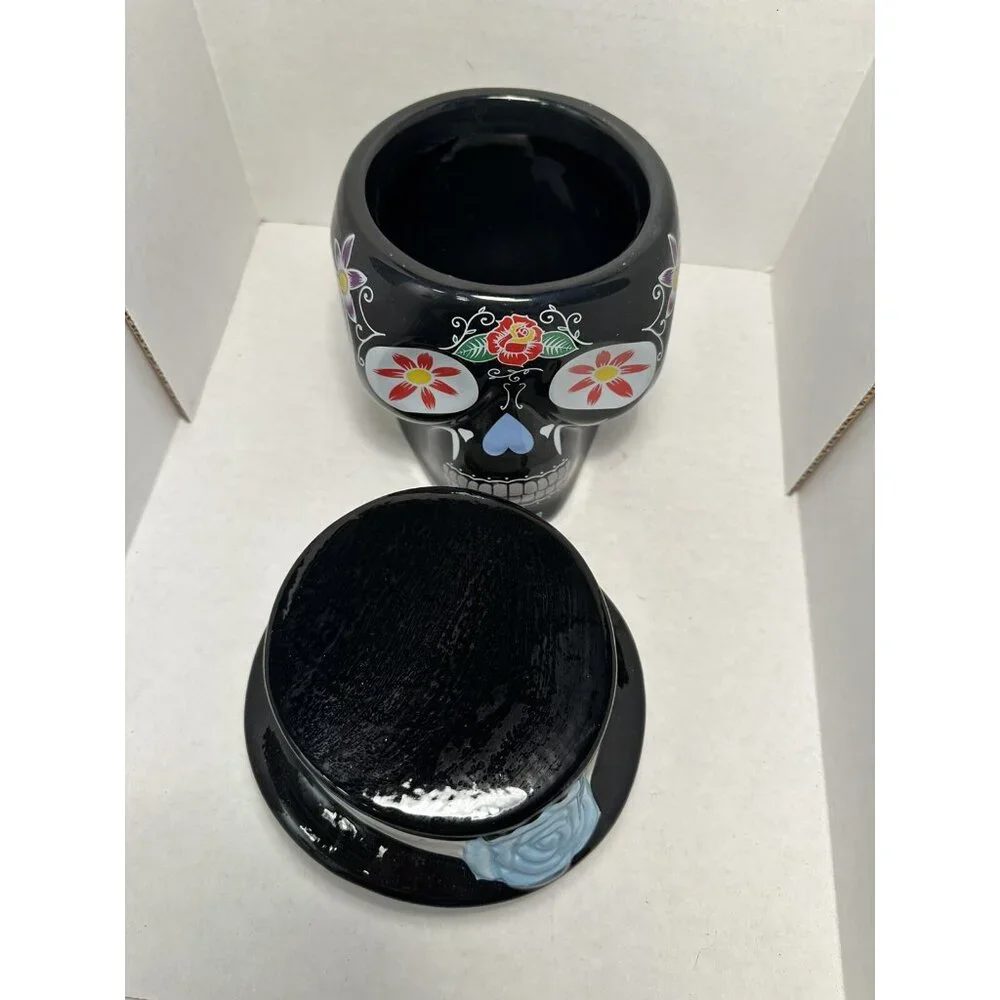 Day of the Dead Sugar Skull Ceramic Cookie Jar Black‎ Top Hat Floral